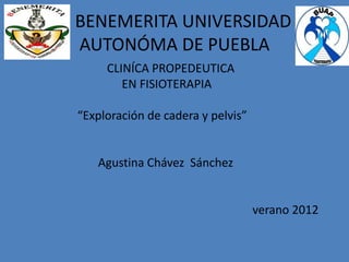 BENEMERITA UNIVERSIDAD
AUTONÓMA DE PUEBLA
CLINÍCA PROPEDEUTICA
EN FISIOTERAPIA
“Exploración de cadera y pelvis”
Agustina Chávez Sánchez
verano 2012
 
