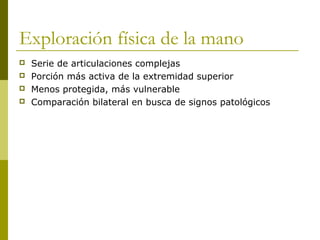 Exploración física de la mano
 Serie de articulaciones complejas
 Porción más activa de la extremidad superior
 Menos protegida, más vulnerable
 Comparación bilateral en busca de signos patológicos
 