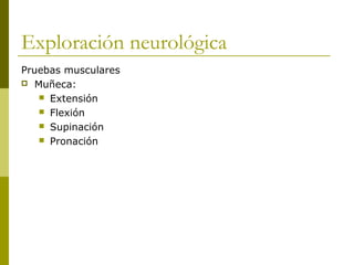 Exploración neurológica
Pruebas musculares
 Muñeca:
 Extensión
 Flexión
 Supinación
 Pronación
 