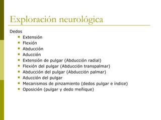 Exploración neurológica
Dedos
 Extensión
 Flexión
 Abducción
 Aducción
 Extensión de pulgar (Abducción radial)
 Flexión del pulgar (Abducción transpalmar)
 Abducción del pulgar (Abducción palmar)
 Aducción del pulgar
 Mecanismos de pinzamiento (dedos pulgar e índice)
 Oposición (pulgar y dedo meñique)
 