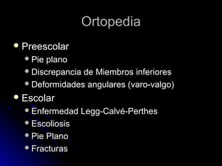 Ortopedia
 Preescolar
 Pie

plano
 Discrepancia de Miembros inferiores
 Deformidades angulares (varo-valgo)
 Escolar
 Enfermedad
 Escoliosis
 Pie

Plano
 Fracturas

Legg-Calvé-Perthes

 