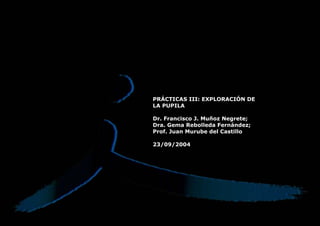 PRÁCTICAS III: EXPLORACIÓN DE
LA PUPILA
Dr. Francisco J. Muñoz Negrete;
Dra. Gema Rebolleda Fernández;
Prof. Juan Murube del Castillo
23/09/2004
 