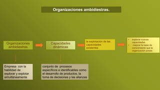 Organizaciones
ambidiestras
Capacidades
dinámicas
conjunto de procesos
específicos e identificables como
el desarrollo de productos, la
toma de decisiones y las alianzas
la explotación de las
capacidades
existentes
• explorar nuevas
capacidades
• mejorar la base de
conocimiento que la
organización posee.
Organizaciones ambidiestras.
Empresa con la
habilidad de
explorar y explotar
simultáneamente
 