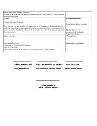 __________________ ___________________ __________________
ALUMNO PRACTICA NTE Vo.Bo ENCARGADO DEL GRUPO Vo.Bo DIRECTOR
Tirado Reyes Alexia Nora Guadalupe Moreno Rangel Manuel Román Esquer
________________________
Vo.Bo. PROFESOR
Felipe Coronado Vázquez
hacen para cuidar el medio ambiente.
Cuando lo terminen pasaran voluntariamente al frente y nos comentara lo que hace cada
quien por esta causa.
CIERRE:
Tiempo estimado: 15 minutos
Para finalizar con este tema les pediré que realicen un dibujo acerca del cuidado del medio
ambiente y que cada dibujo tenga una frase representativa sobre cómo debemos cuidar el
medio ambiente. Cuando los dibujos estén terminados cada uno de los alumnos pasara al
frene a mostrarlo
¿Qué y cómo evaluar?
Se evaluará el dibujo realizado
Técnica: Observación
Instrumento de evaluación:
Registro anecdótico
Logros obtenidos: Observaciones:
Anticipo a dificultades:
-El alumno no sienta interés por la clase.
-Que no haya clases.
-Que los alumnos no logren integrarse con sus compañeros a las actividades.
Adecuaciones curriculares:
 