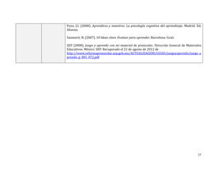 17
Pozo, J.I. (2008). Aprendices y maestros. La psicología cognitiva del aprendizaje. Madrid: Ed.
Alianza.
Sanmartí, N. (2007). 10 Ideas clave. Evaluar para aprender. Barcelona: Graó.
SEP (2008). Juego y aprendo con mi material de preescolar. Dirección General de Materiales
Educativos. México: SEP. Recuperado el 21 de agosto de 2012 de
http://www.reformapreescolar.sep.gob.mx/ACTUALIZACION/GUIAS/juegoyaprendo/juego_a
prendo_p_001_072.pdf
 