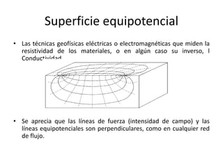 Superficie equipotencial
• Las técnicas geofísicas eléctricas o electromagnéticas que miden la
resistividad de los materiales, o en algún caso su inverso, l
Conductividad
• Se aprecia que las líneas de fuerza (intensidad de campo) y las
líneas equipotenciales son perpendiculares, como en cualquier red
de flujo.
 
