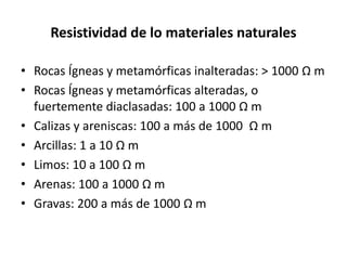 Resistividad de lo materiales naturales
• Rocas Ígneas y metamórficas inalteradas: > 1000 Ω m
• Rocas Ígneas y metamórficas alteradas, o
fuertemente diaclasadas: 100 a 1000 Ω m
• Calizas y areniscas: 100 a más de 1000 Ω m
• Arcillas: 1 a 10 Ω m
• Limos: 10 a 100 Ω m
• Arenas: 100 a 1000 Ω m
• Gravas: 200 a más de 1000 Ω m
 