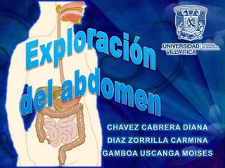Exploración del abdomen CHAVEZ CABRERA DIANA DIAZ ZORRILLA CARMINA GAMBOA USCANGA MOISES 