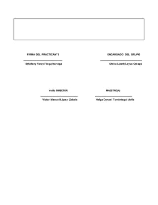 FIRMA DEL PRACTICANTE ENCARGADO DEL GRUPO
_________________________ ___________________________
Sthefany Yaraví Vega Noriega Ofelia Lizeth Leyva Crespo
Vo.Bo DIRECTOR MAESTRO(A)
________________________ ________________________
Víctor Manuel López Zabala Helga Donaxí Torróntegui Avila
 