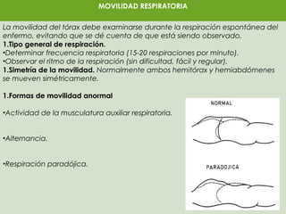 MOVILIDAD RESPIRATORIA 
La movilidad del tórax debe examinarse durante la respiración espontánea del 
enfermo, evitando que se dé cuenta de que está siendo observado. 
1.Tipo general de respiración. 
•Determinar frecuencia respiratoria (15-20 respiraciones por minuto). 
•Observar el ritmo de la respiración (sin dificultad, fácil y regular). 
1.Simetría de la movilidad. Normalmente ambos hemitórax y hemiabdómenes 
se mueven simétricamente. 
1.Formas de movilidad anormal 
•Actividad de la musculatura auxiliar respiratoria. 
•Alternancia. 
•Respiración paradójica. 
 