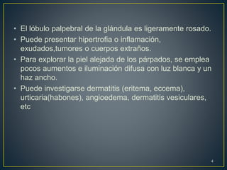 • El lóbulo palpebral de la glándula es ligeramente rosado.
• Puede presentar hipertrofia o inflamación,
exudados,tumores o cuerpos extraños.
• Para explorar la piel alejada de los párpados, se emplea
pocos aumentos e iluminación difusa con luz blanca y un
haz ancho.
• Puede investigarse dermatitis (eritema, eccema),
urticaria(habones), angioedema, dermatitis vesiculares,
etc
4
 
