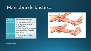 Objetivo Ligamentos colaterales
Maniobra Una mano sostiene el muslo
en su cara externa, en el
tercio inferior,
inmivilizandolo, la otra toma
la oierna e intenta llevarla
hacia afuera
(+) Se observa apertura de
interlinea.
*s: 86-96 medial
 