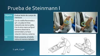 Objetivo Evaluar lesión de cuerpo de
meniscos
Maniobra Con la rodilla flexionada a
90º, se palpa la línea
interarticular de la rodilla.
Con la otra mano se fija el
extremo distal de la
extremidad y se hace
rotación interna y externa
(+) Dolor presente, el tobillo
indica el menisco dañado.
S: 90% , E:55%
 