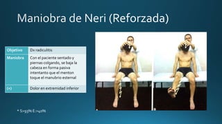 Objetivo Dx radiculitis
Maniobra Con el paciente sentado y
piernas colgando, se baja la
cabeza en forma pasiva
intentanto que el menton
toque el manubrio esternal
(+) Dolor en extremidad inferior
* S>93% E:>40%
 