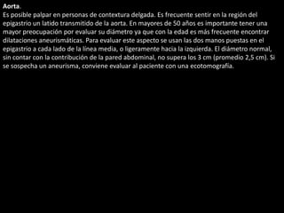 Aorta. 
Es posible palpar en personas de contextura delgada. Es frecuente sentir en la región del 
epigastrio un latido transmitido de la aorta. En mayores de 50 años es importante tener una 
mayor preocupación por evaluar su diámetro ya que con la edad es más frecuente encontrar 
dilataciones aneurismáticas. Para evaluar este aspecto se usan las dos manos puestas en el 
epigastrio a cada lado de la línea media, o ligeramente hacia la izquierda. El diámetro normal, 
sin contar con la contribución de la pared abdominal, no supera los 3 cm (promedio 2,5 cm). Si 
se sospecha un aneurisma, conviene evaluar al paciente con una ecotomografía. 
 