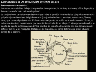 2.EXPLORACION DE LAS ESTRUCTURAS EXTERNAS DEL OJO 
Breve recuento anatómico 
Las estructuras visibles del ojo comprenden la conjuntiva, la esclera, la córnea, el iris, la pupila y 
las aberturas ductales del saco lagrimal. 
La conjuntiva es un tejido membranoso que cubre la porción interna de los párpados (conjuntiva 
palpebral) y de la esclera del globo ocular (conjuntiva bulbar). La esclera es una capa fibrosa, 
dura, que rodea el globo ocular. El limbo marca el punto de unión de la esclera con la córnea, la 
primera estructura transparente que permite la entrada de luz al ojo. El iris pigmentado rodea la 
pupila. La pupila, orificio central del iris, cambia de tamaño, de acuerdo con la estimulación del 
esfínter del iris y los músculos dilatadores de la pupila, así como del músculo ciliar, situado 
detrás de la esclera. 
 