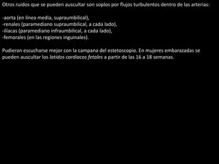 Otros ruidos que se pueden auscultar son soplos por flujos turbulentos dentro de las arterias: 
-aorta (en línea media, supraumbilical), 
-renales (paramediano supraumbilical, a cada lado), 
-ilíacas (paramediano infraumbilical, a cada lado), 
-femorales (en las regiones inguinales). 
Pudieran escucharse mejor con la campana del estetoscopio. En mujeres embarazadas se 
pueden auscultar los latidos cardíacos fetales a partir de las 16 a 18 semanas. 
 