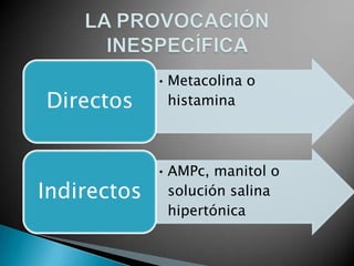 •Metacolina o
histaminaDirectos
•AMPc, manitol o
solución salina
hipertónica
Indirectos
 