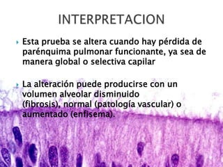  Esta prueba se altera cuando hay pérdida de
parénquima pulmonar funcionante, ya sea de
manera global o selectiva capilar
 La alteración puede producirse con un
volumen alveolar disminuido
(fibrosis), normal (patología vascular) o
aumentado (enfisema).
 