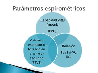 Capacidad vital
forzada
(FVC),
Relación
FEV1/FVC
(%).
Volumen
espiratorio
forzado en
el primer
segundo
(FEV1)
 