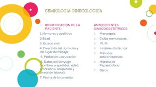 SEMIOLOGIA GINECOLOGICA
◎ IDENTIFICACION DE LA
PACIENTE:
1.Nombres y apellidos
2.Edad
3. Estado civil
4. Dirección del domicilio y
del lugar de trabajo
5. Profesión u ocupación
6. Datos del cónyuge
(nombres y apellidos, edad,
profesión u ocupación y
dirección laboral)
7. Fecha de la consulta
ANTECEDENTES
GINECOOBSTETRICOS
1. Menarquía:
2. Ciclos menstruales:
3. FUM:
4. Historia obstétrica:.
5. Métodos
anticonceptivos:
6. Historia de
Papanicolaou:
7. Otros:
3
 