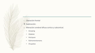 – Liberación frontal
 Exploración:
o Alteración cerebral difusa cortico y subcortical.
• Grasping
• Glabelar
• Hociqueo
• Palmomentoniano
• Chupeteo
 