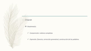 – Lenguaje
 Anamnesis:
 Comprensión: ordenes completas
 Expresión: fluencia, corrección gramatical, construcción de las palabras.
 
