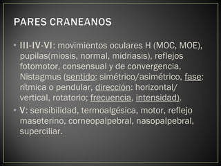 • III-IV-VI: movimientos oculares H (MOC, MOE),
pupilas(miosis, normal, midriasis), reflejos
fotomotor, consensual y de convergencia,
Nistagmus (sentido: simétrico/asimétrico, fase:
rítmica o pendular, dirección: horizontal/
vertical, rotatorio; frecuencia, intensidad).
• V: sensibilidad, termoalgésica, motor, reflejo
maseterino, corneopalpebral, nasopalpebral,
superciliar.
 
