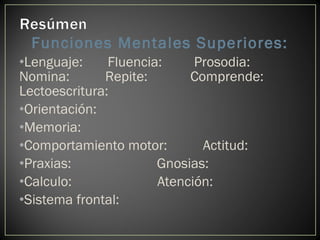 Funciones Mentales Superiores:
•Lenguaje: Fluencia: Prosodia:
Nomina: Repite: Comprende:
Lectoescritura:
•Orientación:
•Memoria:
•Comportamiento motor: Actitud:
•Praxias: Gnosias:
•Calculo: Atención:
•Sistema frontal:
 