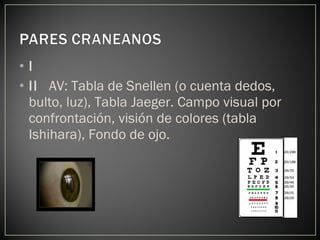 • I
• II AV: Tabla de Snellen (o cuenta dedos,
bulto, luz), Tabla Jaeger. Campo visual por
confrontación, visión de colores (tabla
Ishihara), Fondo de ojo.
 
