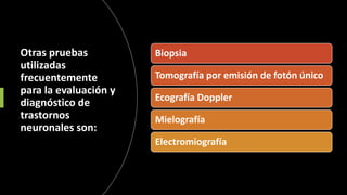 Otras pruebas
utilizadas
frecuentemente
para la evaluación y
diagnóstico de
trastornos
neuronales son:
Biopsia
Tomografía por emisión de fotón único
Ecografía Doppler
Mielografía
Electromiografía
 