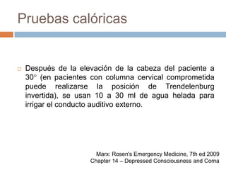 Pruebas calóricasDespués de la elevación de la cabeza del paciente a 30° (en pacientes con columna cervical comprometida puede realizarse la posición de Trendelenburg invertida), se usan 10 a 30 ml de agua helada para irrigar el conducto auditivo externo.Marx: Rosen's Emergency Medicine, 7th ed 2009Chapter 14 – Depressed Consciousness and Coma