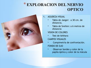 *EXPLORACION DEL NERVIO
OPTICO
1. AGUDEZA VISUAL
• Tabla de Jaeger: a 30 cm. de
distancia.
• Tabla de Snellen: a 6 metros de
distancia
2. VISION DE COLORES
• Test de Ishihara
3. CAMPOS VISUALES
• Campimetría de confrontación.
4. FONDO DE OJO
• Observar bordes y color de la
papila óptica y color de la mácula
1. AGUDEZA VISUAL
• Tabla de Jaeger: a 30 cm. de
distancia.
• Tabla de Snellen: a 6 metros de
distancia
2. VISION DE COLORES
• Test de Ishihara
3. CAMPOS VISUALES
• Campimetría de confrontación.
4. FONDO DE OJO
• Observar bordes y color de la
papila óptica y color de la mácula
 