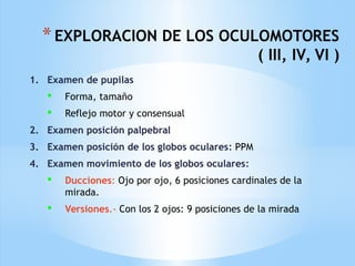 *EXPLORACION DE LOS OCULOMOTORES
( III, IV, VI )
1. Examen de pupilas
 Forma, tamaño
 Reflejo motor y consensual
2. Examen posición palpebral
3. Examen posición de los globos oculares: PPM
4. Examen movimiento de los globos oculares:
 Ducciones: Ojo por ojo, 6 posiciones cardinales de la
mirada.
 Versiones.- Con los 2 ojos: 9 posiciones de la mirada
 