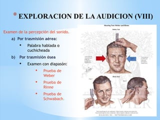 *EXPLORACION DE LA AUDICION (VIII)
Examen de la percepción del sonido.
a) Por trasmisión aérea:
 Palabra hablada o
cuchicheada
b) Por trasmisión ósea
 Examen con diapasón:
 Prueba de
Weber
 Prueba de
Rinne
 Prueba de
Schwabach.
 