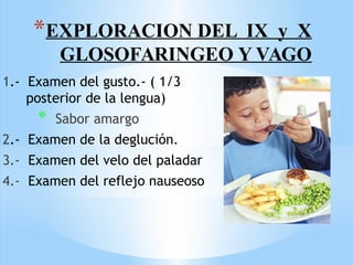 *EXPLORACION DEL IX y X
GLOSOFARINGEO Y VAGO
1.- Examen del gusto.- ( 1/3
posterior de la lengua)
* Sabor amargo
2.- Examen de la deglución.
3.- Examen del velo del paladar
4.- Examen del reflejo nauseoso
 