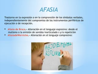 AFASIA
 
Trastorno en la expresión o en la comprensión de los símbolos verbales,
independientemente del compromiso de los instrumentos periféricos de
ejecución o de recepción.
 Afasia de Broca.- Alteración en el lenguaje expresivo: desde el
mutismo o la emisión de sonidos inarticulado s y/o repetición
 AfasiadeWernicke.- Alteración en el lenguaje compresivo:
 