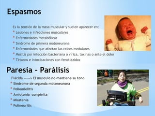 Espasmos
Paresia – Parálisis
Es la tensión de la masa muscular y suelen aparecer en:
* Lesiones e infecciones musculares
* Enfermedades metabólicas
* Síndrome de primera motoneurona
* Enfermedades que afectan las raíces medulares
* Mositis por infección bacteriana o vírica, toxinas o ante el dolor
* Tétanos e intoxicaciones con fenotiazidas
Flácida -----> El musculo no mantiene su tono
* Síndrome de segunda motoneurona
* Poliomielitis
* Amiotonia congénita
* Miastenia
* Polineuritis
 