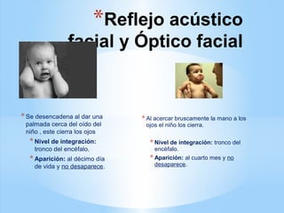 *Reflejo acústico
facial y Óptico facial
*Se desencadena al dar una
palmada cerca del oído del
niño , este cierra los ojos
*Nivel de integración:
tronco del encéfalo.
*Aparición: al décimo día
de vida y no desaparece.
*Al acercar bruscamente la mano a los
ojos el niño los cierra.
*Nivel de integración: tronco del
encéfalo.
*Aparición: al cuarto mes y no
desaparece.
 