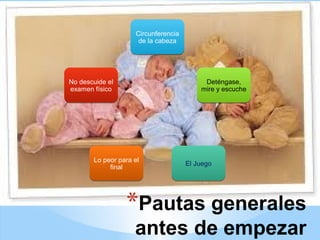 *Pautas generales
antes de empezar
Circunferencia
de la cabeza
Circunferencia
de la cabeza
Deténgase,
mire y escuche
Deténgase,
mire y escuche
El JuegoEl JuegoLo peor para el
final
Lo peor para el
final
No descuide el
examen físico
No descuide el
examen físico
 
