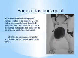Se mantiene al niño en suspensión
ventral, sujeto por los costados y se le
inclina bruscamente hacia delante. El
niño realiza un movimiento brusco para
protegerse de la caída, con extensión de
los brazos y abertura de las manos.
El reflejo de paracaídas horizontal
aparece entre 8 y 9 meses , persiste de
por vida.
Paracaídas horizontal
 