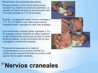 *Nervios craneales
*Observación de la actividad espontánea.
*Durante el llanto, el movimiento facial (nervio
craneal 7) se observa en plenitud o asimetría. La
calidad y la fuerza del grito es una forma de mirar
a nervios craneales 9 y 10 de la función.
*Succión y la deglución evalúa nervios craneales 5,
7, 9, 10 y 12 debido a que todos estos nervios
craneales están implicados en este acto complejo.
*Los movimientos oculares (pares craneales 3, 4 y
6) se puede evaluar mediante el reflejo vestíbulo-
ocular (maniobra de muñeca de los ojos). Cuando
se gira la cabeza, no hay movimiento de los ojos
conjugado en la dirección opuesta.
*Prueba de la respuesta de un bebé el
comportamiento a la luz (nervio craneal 2) y
sonido (nervio craneal 8) también se suma a la del
examen de los pares craneales.
 