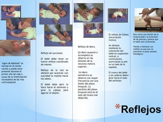 *Reflejos
"signo de Babinski" es
normal en el recién
nacido y puede estar
presente durante el
primer año de vida a
causa de la mielinización
incompleta de las vías
corticoespinal
Reflejo de succionar.
El bebé debe tener un
fuerte reflejo coordinado
de mamar.
Reflejo de la raíz se
obtiene por acariciar con
suavidad la mejilla hacia
los labios.
El bebé debe abrir la
boca hacia el estímulo y
girar la cabeza para
agarrar el objeto
Reflejo de Moro.
Un Moro ausente o
incompleta se
observa en las
lesiones de la
neurona motora
superior.
Un Moro
asimétrico se
observa con mayor
frecuencia con una
lesión del plexo
braquial. La
parálisis del plexo
braquial está en el
lado del brazo mal
abducido.
El reflejo de Galant
(incurvación
tronco)
Se obtiene
mediante la
colocación del
bebé en suspensión
ventral, a
continuación,
acariciando la piel
en un lado de la
espalda.
El tronco del bebé
y las caderas deben
girar hacia el lado
del estímulo.
Esto inicia una flexión de la
reciprocidad y la extensión
de las piernas y parece que
el bebé está caminando.
Tiende a flexionar sus
rodillas ya que aun no
mantiene su peso (astasia
fisiológica)
 