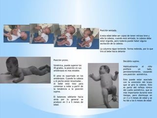 Posición prono.
Simétrica, puede superar los
45 grados, la posición en sus
antebrazos es mas estable.
El peso es soportado en los
antebrazos. Cuando la cabeza
y el pecho están levantadas ,
el bebé está listo para
comenzar a rodar a partir de
la tendencia a la posición
supina.
El balanceo adelante hacia
atrás por lo general se
produce en 3 a 5 meses de
edad.
Posición sentada.
A esta edad debe ser capaz de tener retraso leve y
sólo la cabeza, cuando está sentado, la cabeza debe
estar erguida, pero todavía puede haber alguna
oscilación de la cabeza.
La columna sigue teniendo forma redonda, por lo que
tira al bebe hacia delante
Decúbito supino.
Habitualmente el niño
prefiere un lado,
persistentemente, causando
una posición asimétrica.
Esto puede estar asociado
con la extensión del brazo
que se gira la cabeza. Esto
es parte del reflejo tónico
del cuello asimétrico, que es
más importante durante este
tiempo, pero disminuye en
un 3 a 4 meses de edad y se
ha ido a los 6 meses de edad
 