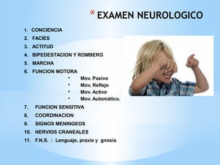 *EXAMEN NEUROLOGICO
1. CONCIENCIA
2. FACIES
3. ACTITUD
4. BIPEDESTACION Y ROMBERG
5. MARCHA
6. FUNCION MOTORA
• Mov. Pasivo
• Mov. Reflejo
• Mov. Activo
• Mov. Automático.
7. FUNCION SENSITIVA
8. COORDINACION
9. SIGNOS MENINGEOS
10. NERVIOS CRANEALES
11. F.N.S. : Lenguaje, praxia y gnosia
 