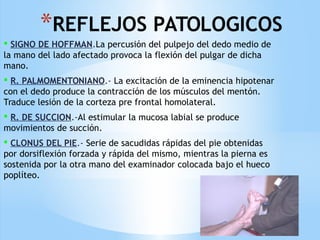 *REFLEJOS PATOLOGICOS
 SIGNO DE HOFFMAN.La percusión del pulpejo del dedo medio de
la mano del lado afectado provoca la flexión del pulgar de dicha
mano.
 R. PALMOMENTONIANO.- La excitación de la eminencia hipotenar
con el dedo produce la contracción de los músculos del mentón.
Traduce lesión de la corteza pre frontal homolateral.
 R. DE SUCCION.-Al estimular la mucosa labial se produce
movimientos de succión.
 CLONUS DEL PIE.- Serie de sacudidas rápidas del pie obtenidas
por dorsiflexión forzada y rápida del mismo, mientras la pierna es
sostenida por la otra mano del examinador colocada bajo el hueco
poplíteo.
 