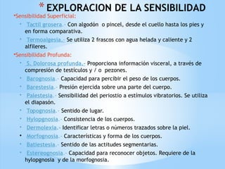 *EXPLORACION DE LA SENSIBILIDAD
•Sensibilidad Superficial:
• Tactil grosera.- Con algodón o pincel, desde el cuello hasta los pies y
en forma comparativa.
• Termoalgesia.- Se utiliza 2 frascos con agua helada y caliente y 2
alfileres.
•Sensibilidad Profunda:
• S. Dolorosa profunda.- Proporciona información visceral, a través de
compresión de testículos y / o pezones.
• Barognosia.- Capacidad para percibir el peso de los cuerpos.
• Barestesia.- Presión ejercida sobre una parte del cuerpo.
• Palestesia.- Sensibilidad del periostio a estímulos vibratorios. Se utiliza
el diapasón.
• Topognosia.- Sentido de lugar.
• Hylopgnosia.- Consistencia de los cuerpos.
• Dermolexia.- Identificar letras o números trazados sobre la piel.
• Morfognosia.- Características y forma de los cuerpos.
• Batiestesia.- Sentido de las actitudes segmentarias.
• Estereognosia.- Capacidad para reconocer objetos. Requiere de la
hylopgnosia y de la morfognosia.
 