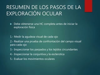 RESUMEN DE LOS PASOS DE LA
EXPLORACIÓN OCULAR
 Debe obtenerse una HC completa antes de iniciar la
exploración física
1.- Medir la agudeza visual de cada ojo
2.- Realizar una prueba de confrontación del campo visual
para cada ojo
3.- Inspeccionar los parpados y los tejidos circundantes
4.- Inspeccionar la conjuntiva y la esclerotica
5.- Evaluar los movimientos oculares
 