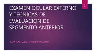 EXAMEN OCULAR EXTERNO
Y TECNICAS DE
EVALUACION DE
SEGMENTO ANTERIOR
MR1 DRA. NATALY BOTIQUIN ORTIZ
1
 