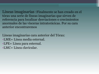 Líneas imaginarias :Finalmente se han creado en el
tórax una serie de líneas imaginarias que sirven de
referencia para localizar desviaciones o crecimientos
anormales de las vísceras intratorácicas. Por su cara
anterior encontraremos
Líneas imaginarias cara anterior del Tórax:
•LME= Línea media esternal.
•LPE= Línea para esternal.
•LMC= Línea clavicular.
 